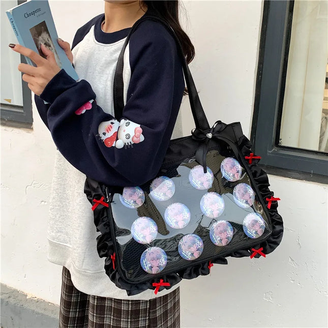 Japan Style Anime Messenger Bag Large Capacity Preppy Style Shoulder Bag with Bow Ribbon Women Handbag