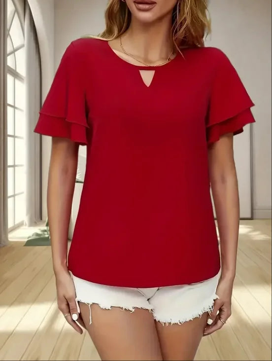 Plus Size 1XL-5XL Women Fashion Women's Elegant Keyhole Shirt Ladies Casual Solid Collar Ruffle Sleeve Color Boho Blouse Shirt