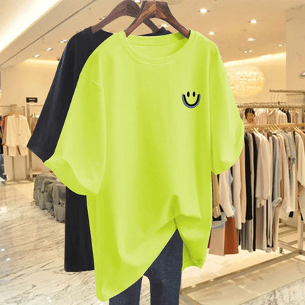 Women Clothing Pure Cotton Smiling Printing Basic T-shirt Summer Fashion Casual O-neck Short Sleeve Top Tee Oversized Pullovers
