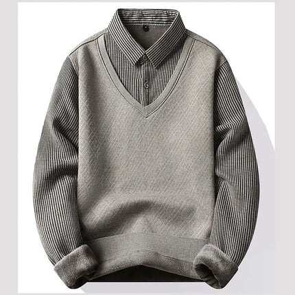 Winter Warm Thick Pullovers Men Polo Neck Fake Two Pieces Sweaters Fashion Casual Striped Fleece Lined Jumper Knitting Sweaters