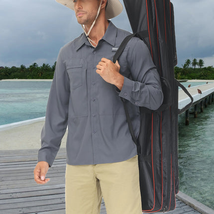 Summer Men's UPF 50+ Casual Long Sleeve Fishing Shirts, Lightweight Tactical Button Down Shirt with Breathable Back Mesh