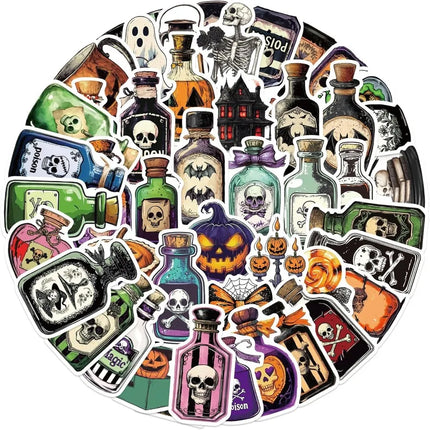 50PCS Potion Stickers Magic Skull Bat Potion Sticker for Halloween Magic Medicine Bottle Stickers Waterproof for Water Bottles