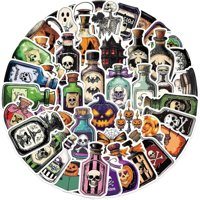 50PCS Potion Stickers Magic Skull Bat Potion Sticker for Halloween Magic Medicine Bottle Stickers Waterproof for Water Bottles