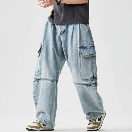 Men Denim Cargo Pants New Arrival 2026 Spring Safari Style Streetwear Vintage Big Pockets Loose Male Casual Wide Leg Jeans N063