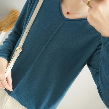 2023 Autumn/Winter Women's New Pullover Casual Solid 100% Cotton Knitted V-Neck Loose Sweater Fashion Soft Breathable Top