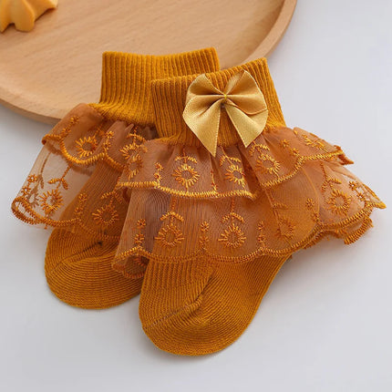Infant Baby Girls Ruffle Lace Socks Super Soft Ankle Socks Princess Dress Socks With Bow 0 to 2 Years