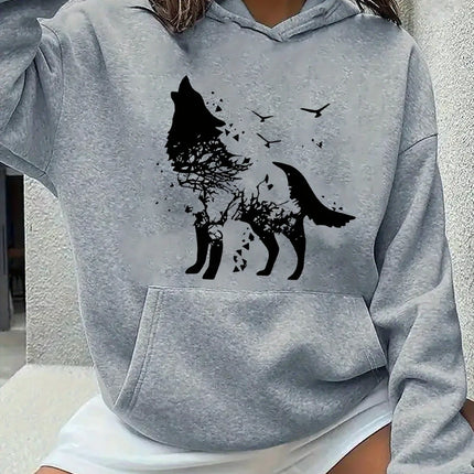 2025 Autumn and Winter Women's Wolf Pattern Hoodie Casual Black Pullover White Wolf Pattern Casual Hoodie Comfortable Graphic