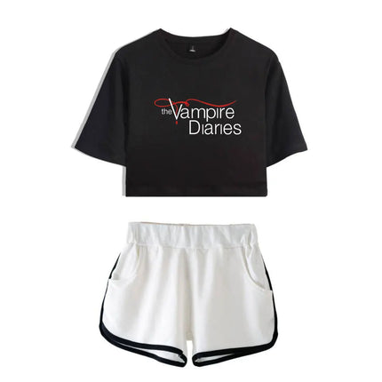 Fashion Youthful The Vampire Diaries Short Sleeve Women Sexy Shorts+lovely T-shirts Dew navel Pretty Girl suits Two Piece Set