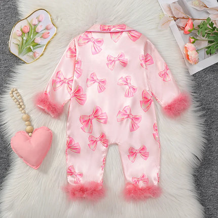 VISgogo Baby Girls Pajamas Long Sleeve Bow Print Furry Patchwork Button Closure Jumpsuit Sleepwear Loungewear