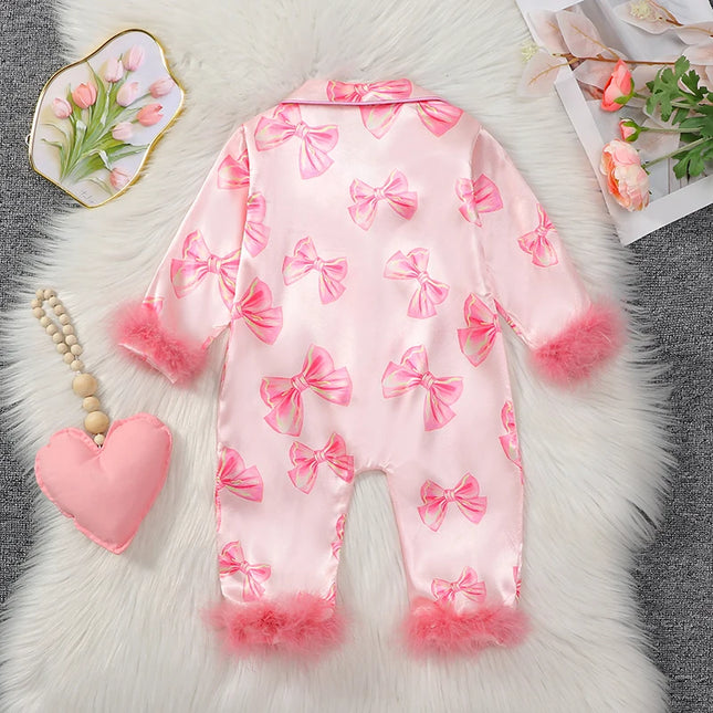 VISgogo Baby Girls Pajamas Long Sleeve Bow Print Furry Patchwork Button Closure Jumpsuit Sleepwear Loungewear