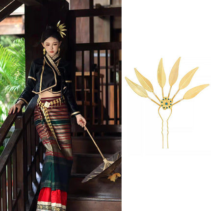 New Golden Alloy Leaf Crystal Flower Hairpin Hair Accessories for Women Thailand Ethnic Dance Party Decoration Headwear Jewelry