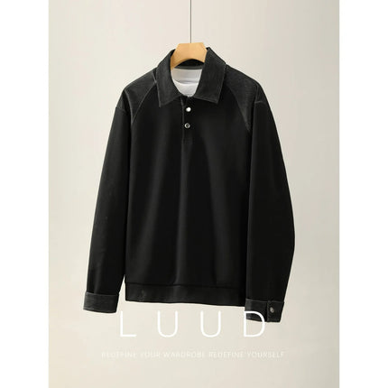 Relaxing lapel patchwork hoodie polo shirt for men in autumn, stylish and stylish design, long sleeved top, base shirt
