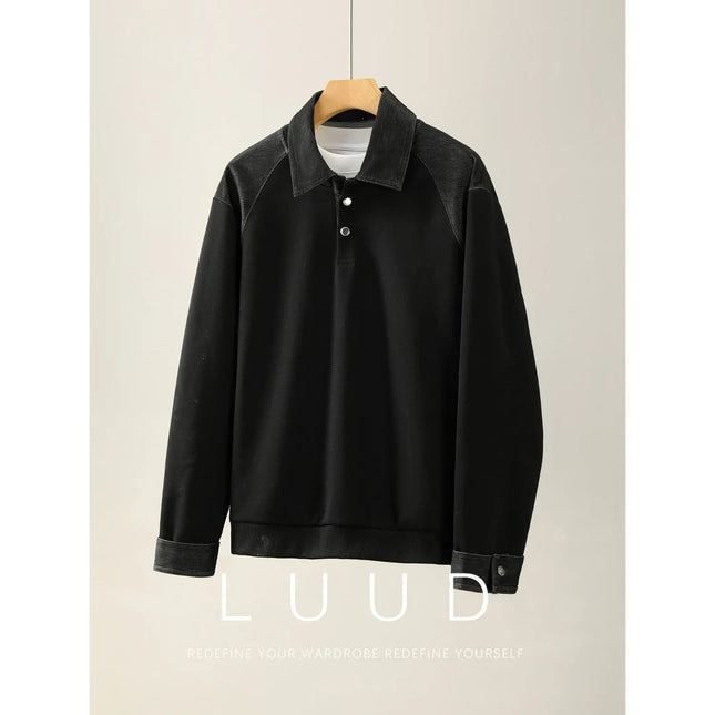 Relaxing lapel patchwork hoodie polo shirt for men in autumn, stylish and stylish design, long sleeved top, base shirt