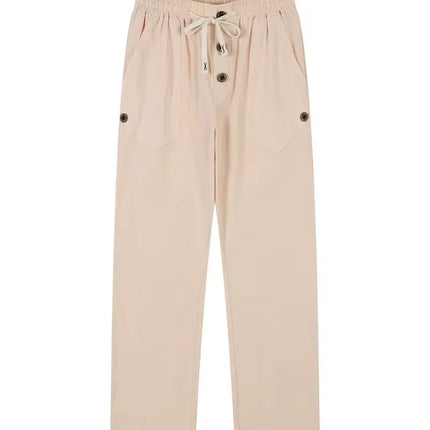 Men's Linen Drawstring Pants Casual Button Detail Elastic Waist Breathable Beach Vacation Daily Wear Straight Leg Trousers for M