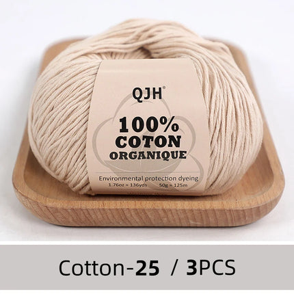 3PCS 100% Organic Cotton Yarn Machine Washable For Adult Baby Sweaters/Gloves/Scarves/Hats Etc. 50 gr (1.76 oz) 125 m (136 yrd)