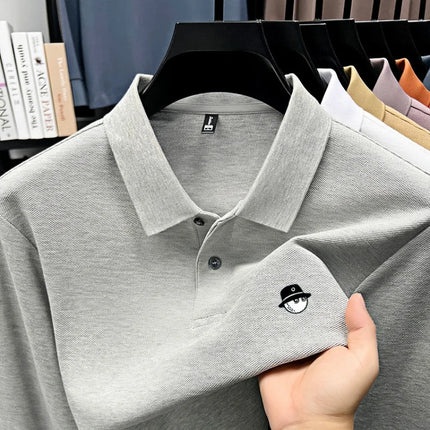 Men's Long-Sleeve Golf Polo Shirt, Branded Print, Spring, 100% Cotton, Comfortable, Breathable, Fashionable, Casual, High-End T-shirt