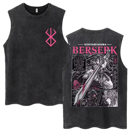Anime Berserk Guts Washed Harajuku Tank Tops Retro Manga Gatsu Griffith Zodd Sleeveless T Shirts Unisex Cotton Oversized T-Shirt