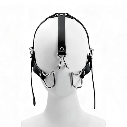 Leather-and-Metal Head-Mounted Mouth Gag with SM Training Features Alternative Control Nose Hook Integrated Mouth Expander Sex