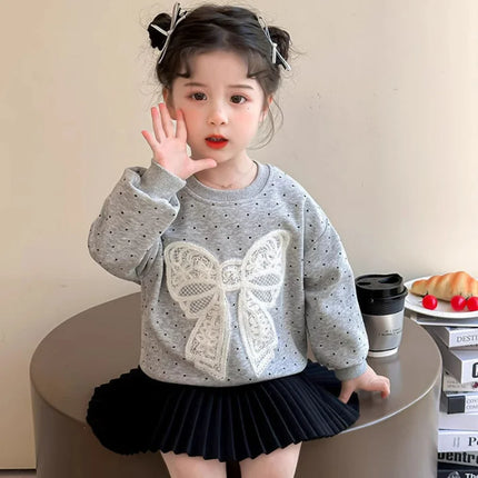 Toddler Baby Girl Big Lace Bow Sweatshirt Casual Infant Cotton Loose Dot Pullover Children Round Neck Long Sleeve Top Clothes