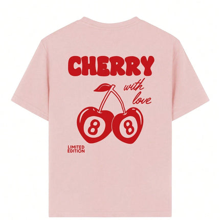 Cherry and number 8 letter print round neck T-shirt Girls summer casual all-match T-shirt breathable short-sleeved top