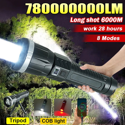 780000000LM Super Powerful Flashlight Rechargeable LED Tactical Torch  Ultra Bright Long Range 6000M Lantern Outdoor With Stand