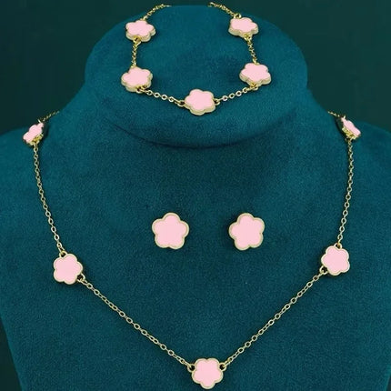 New Lucky Five-petal Flower Five-leaf Clover Earrings Necklace Two-piece set for Woman Fashionable Accessories Party Jewelry