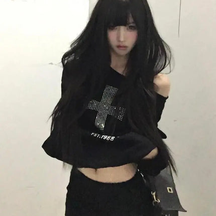 Seeslim Cross One-shoulder Graphic Hoodies Long Sleeve Black Women's Sweatshirts Harajuku Grunge 2000s Clothes Y2k Autumn Tops