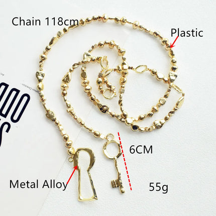 Fashion Women Plastic Beads With Alloy Lock Key Pendant Waist Chain Jewelry Elegant Sweater Long Necklace Accessories