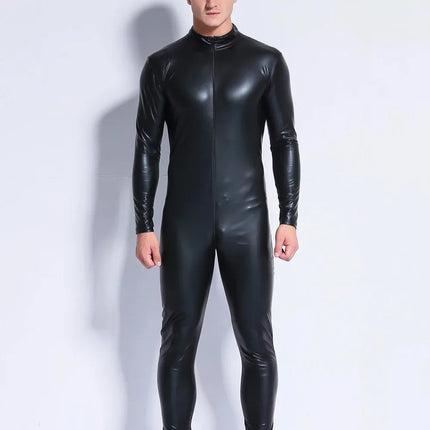 Plus Size S-4XL Sexy Men Catsuit Faux Leather Two Way Long Zipper Crotch Bodysuit Night Club DS Jumpsuit Lingerie Costume