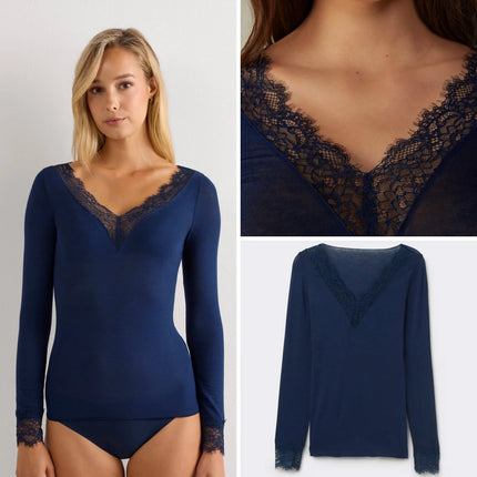 Absobe Long Sleeve Lace Trim T-shirt Women Sexy Low Cut V-Neck Patchwork Versatile Slim Female Top Solid Color Casual Streetwear