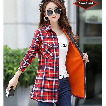 Thickened Fleece Women's Long Sleeve Shirt Warm Slim Fit Midi Length Plaid Korean Style Fashionable Women's Button-up Top
