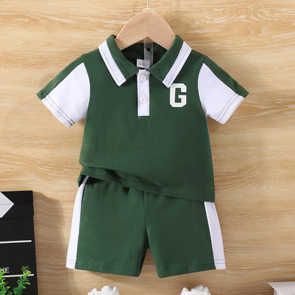 A Two-Piece Pair Of Summer Baby Boy Sports Letter Print Patchwork Lapel Top And Casual Color-Blocking Shorts
