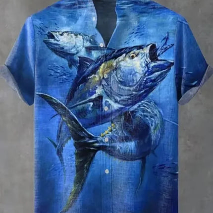 Fish pattern print, men's fashionable short sleeved shirt, loose top, outdoor street, casual and comfortable