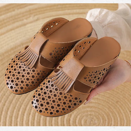 New Women's Breathable Perforated Leather Mules Vintage Tassel Slip on Flats Woman Casual Summer Shoes Hollow Slippers Outdoor