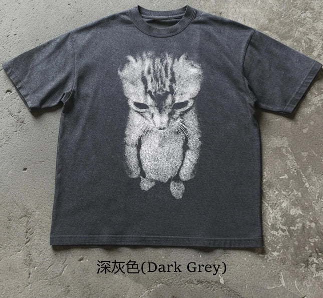 Sad Kitten Meme Standing Cat T-Shirt Summer Men's and Women's Loose and Breathable T-shirt Top