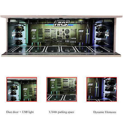 1/64 Scale Car Garage Diorama with USB LED Light Realistic Parking Lot Display Case for Model Cars & Miniature Vehicles