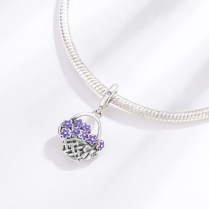 925 Sterling Silver Inlaid Heart-Shaped Beads & Rose Dangle Charm Fits Snake Bracelet Boutique Necklace Purple Pendant Gift