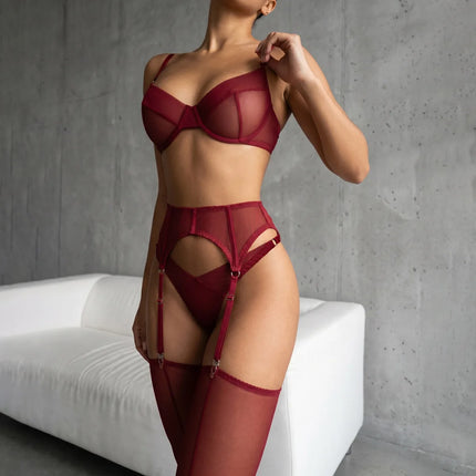 Luxury Dark Style 4Pcs Women's Lingerie Set Push-up Underwire Bra Garter Belt Thong Panty Stocking Erotic Intimate Outfits