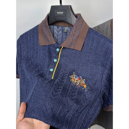 High end hollowed out jacquard knitted polo shirt brand embroidered men's summer short sleeved lapel t-shirt light luxury retro