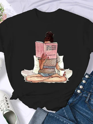 Coffee Books Brown books American retro T-shirt woman round neck half sleeve T-shirt printed T-shirt top woman oversized