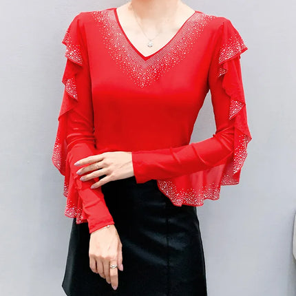 2025 Autumn New Style Mesh Tops Korean Fashion Round Neck Ruffles Shirt Lotus Leaf Edge Hot Diamond Long Sleeve Women T-Shirt
