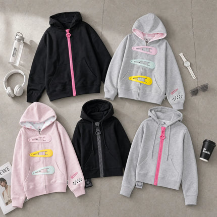 Womens Oversized Zip Up Hoodie Colorful Giant Hair Clip Barrette  Pink Black Grey Long Sleeve Cropped Sweatshirt Hooded Jacket