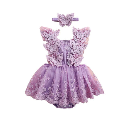 Infant Baby Girls Princess Rompers Dress Lace Butterfly Fly Sleeve Mesh Skirt Hem Jumpsuits with Headband Birthday Party Outfit