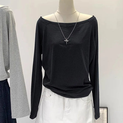 One Shoulder Cotton Slant Shoulder Long Sleeve Women's Interior-Style Wide Truffle Shoulder Base Autumn Winter Shirt