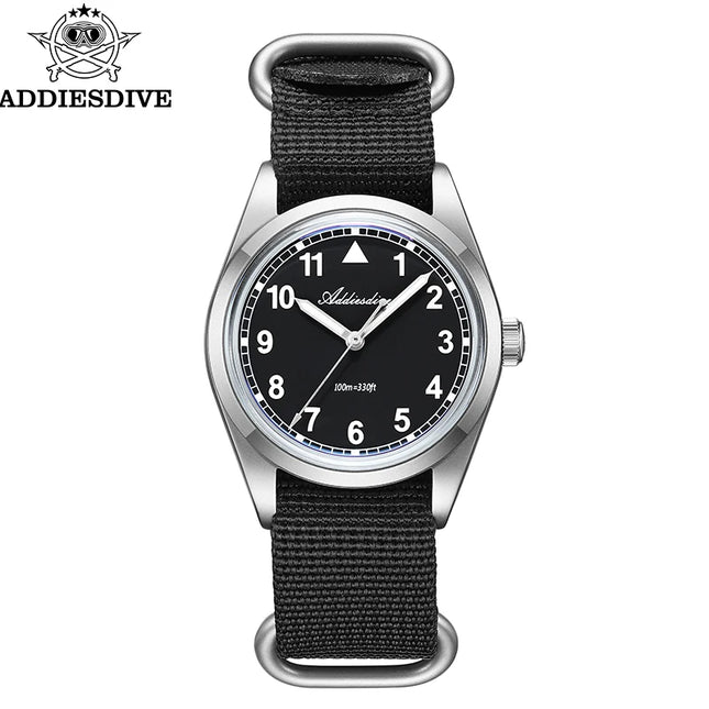 ADDIESDIVE Retro Men's Watch K1 Mineral Glass Stainless Steel 100m Waterproof Night Light Watch 36mm Movement Nylon Quartz Watch