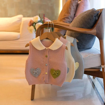 MILANCEL New Autumn Kids Cardigan 1-5T Love Bow Girls Thin Knitted Vest Color Blocking Loose Children Baby Sleeveless Jacket