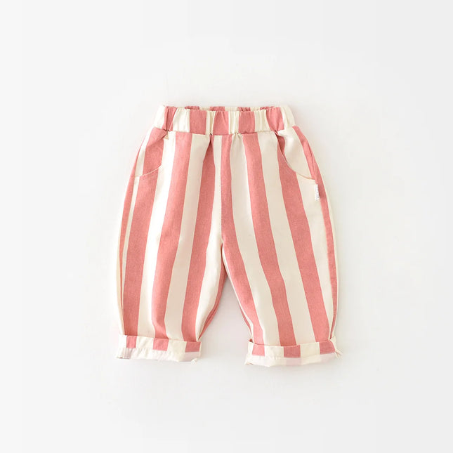 Spring Autumn Children Loose Striped Casual Pants Baby Pockets Boys Girls Pants Kids Outdoor Cotton Trousers Toddler Costume