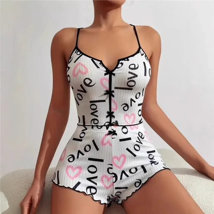 New Hot Sale Of The Season Heart Pattern Color Block Sleepwear Set with Slit in Front Strap Women's Vest Tops Non-Stitched Exte