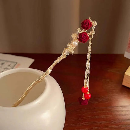 Rose Flower Hair Stick Tassel Hairpin Chinese Wedding Accessories Hairpin Hair Stick Female Hair Ornament Styling Tools