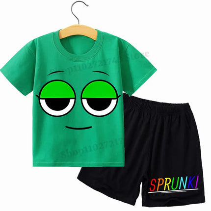 2pcs Sprunki T-shirt Shorts Set for Children Anime Cartoon Fashion Short Sleeved Shirt Pants Suit Boys Girls Summer Kawaii Suits